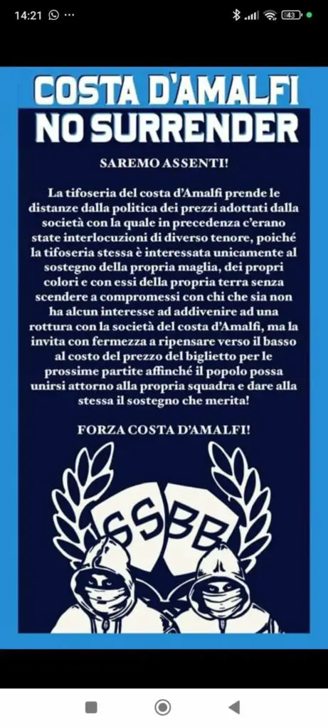 caro biglietti la tifoseria del costa d'amalfi non ci sta "prezzi troppo alti" Caro Biglietti la tifoseria del Costa D&#8217;amalfi non ci sta &#8220;Prezzi troppo alti&#8221; Senza titolo 1 461x1024