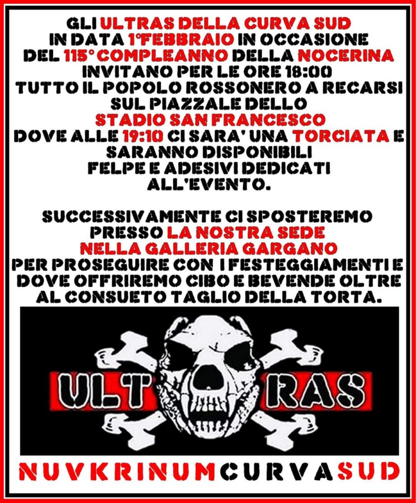 115 anni nocerina: il programma della curva sud per il 1 febbraio 115 ANNI NOCERINA: il programma della Curva Sud per il 1 febbraio 1000716790 847x1024